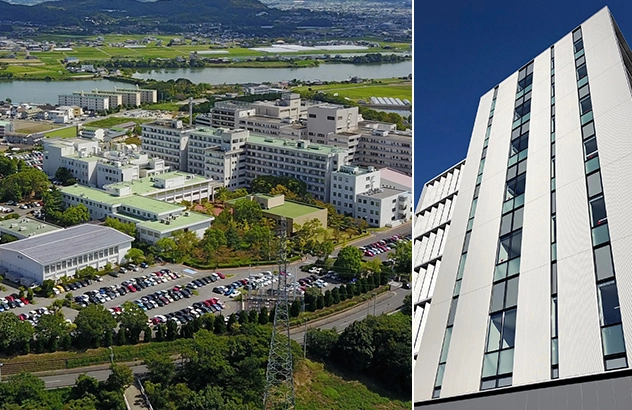 香川大学キャンパスの航空写真と愛知工業大学の外観