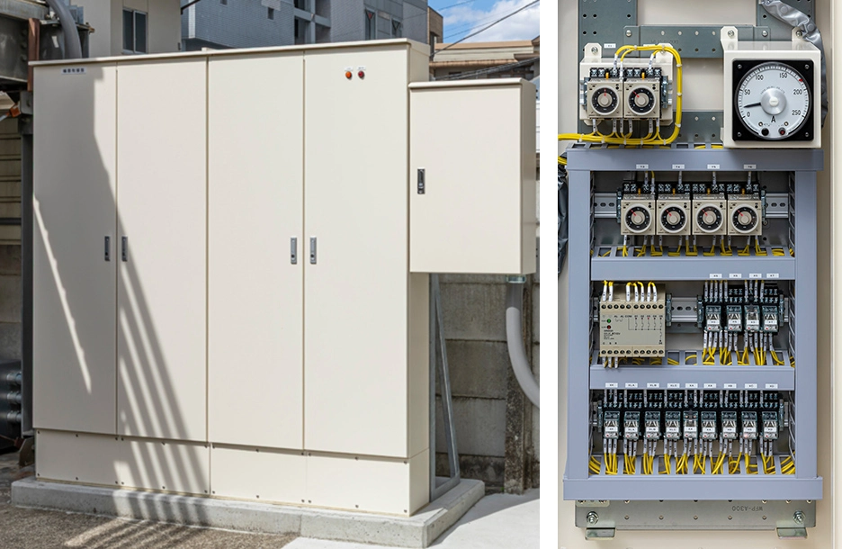 EV充電の電力ピーク制御を行うEV輪番充電盤の外観および内部構造