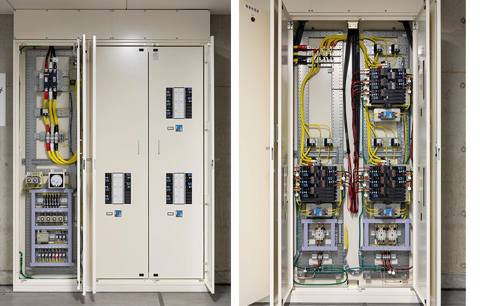 EV充電の電力ピーク制御を行うEV輪番充電盤の外観と内部機器構成