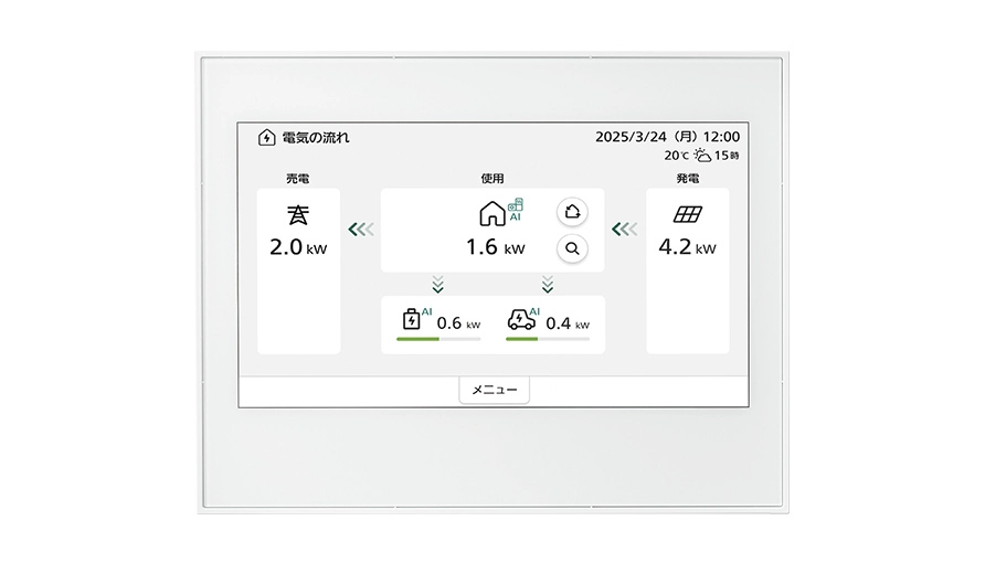 照明や空調を生活シーンごとに設定し家庭内の電力の流れを確認できるモニター画面
