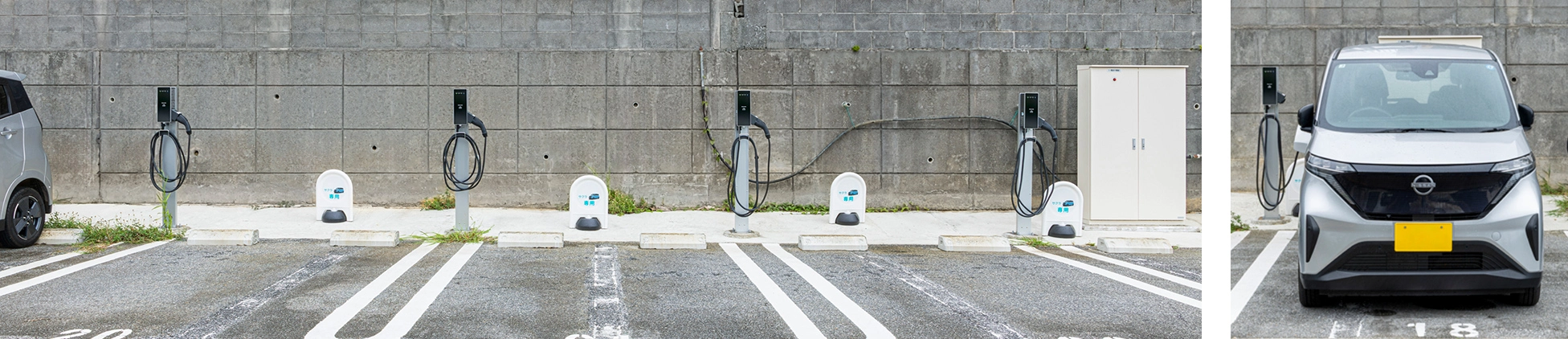 屋外駐車場に並ぶ複数のEV充電設備「ELSEEV」と実際に充電している車両の様子