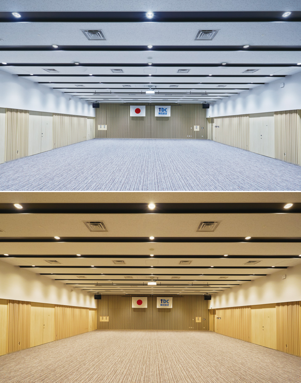 1階杜のホールでは公開放送やイベントを想定して演色性の高い調光調色照明器具を採用