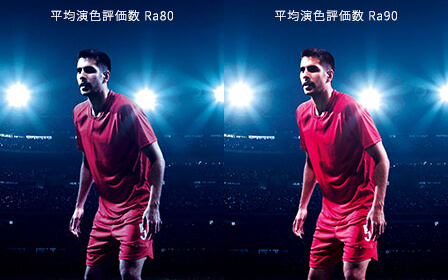 スタジアム照明の比較写真。平均演色評価数Ra90の方がRa80より選手が色鮮やかに見える。