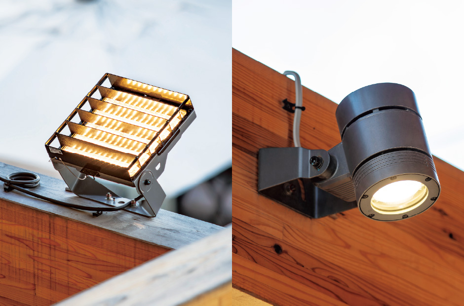 (左)ルーバー付LED小型投光器 (右)LEDスポットライト