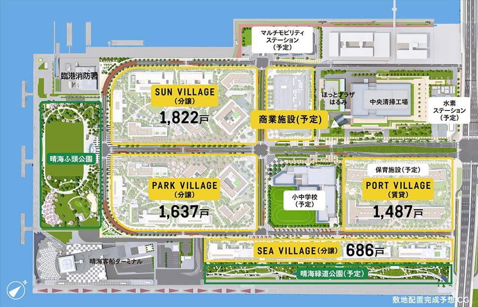 「HARUMI FLAG」敷地完成予想CG。住宅は三つの街区で構成する