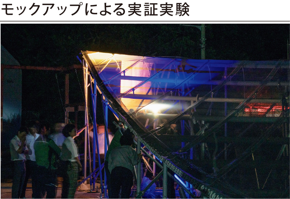 事前にモックアップを作成し、膜屋根を通した昼と夜の反転効果の確認を行った