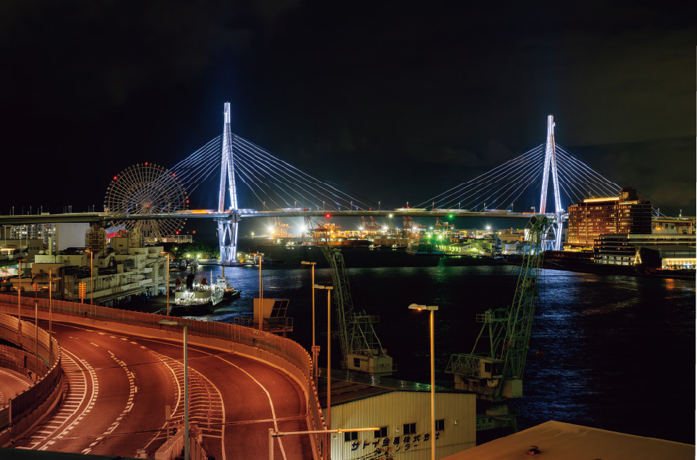全景　斜張橋の構造美を活かしたライトアップ