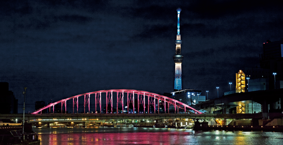 【毎正時】四神の朱雀（南）を表すピンク色のライトアップ