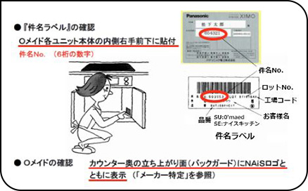 「件名ラベル」の確認：〇メイド各ユニット本体の内側右手前下に貼付 〇メイドの確認：カウンター奥の立ち上がり面（バックガード）にNAiSロゴとともに表示（「メーカー特定」を参照）