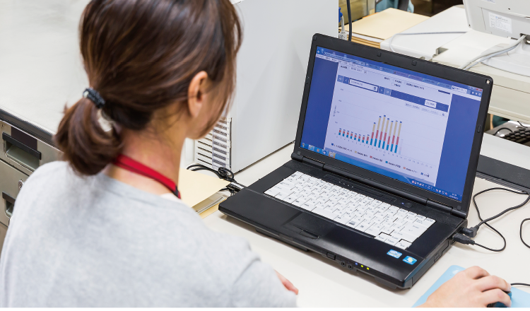 エマネージによる計測結果をパソコンにて確認‧分析している様子