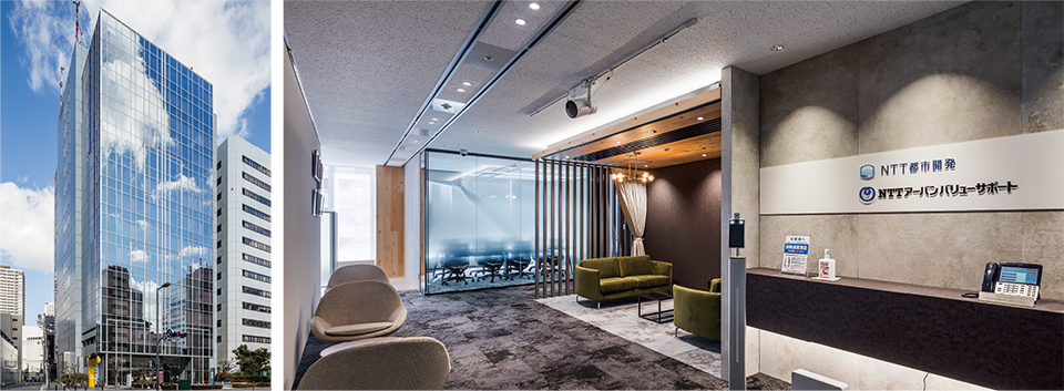 NTT都市開発様とNTTアーバンバリューサポート様が入居されているビル外観（左）。受付（右）にはスペースプレーヤーを設置。
