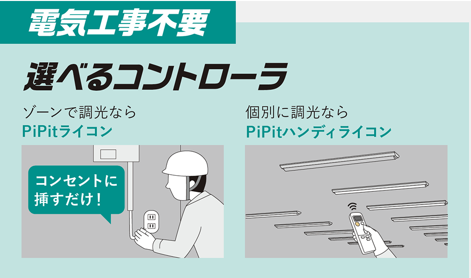 電気工事不要 選べるコントローラ ゾーンで調光ならPiPitライコン 個別に調光ならPiPitハンディライコン