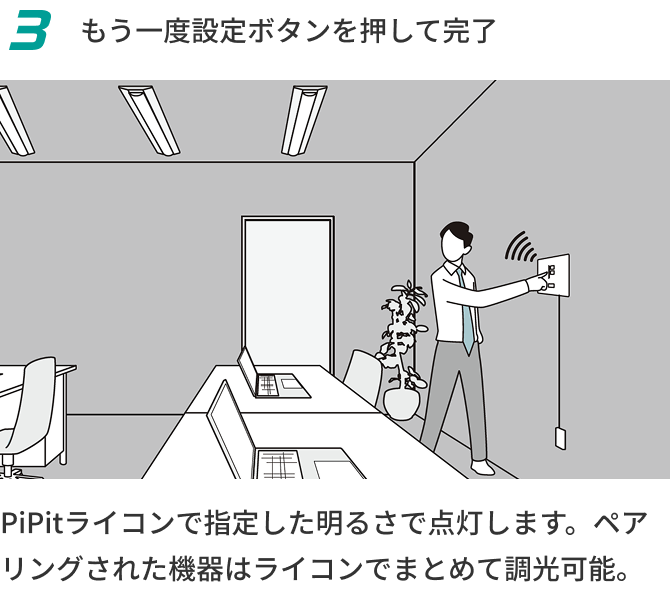 3 もう一度設定ボタンを押して完了 PiPitライコンで指定した明るさで点灯します。ペアリングされた機器はライコンでまとめて調光可能。