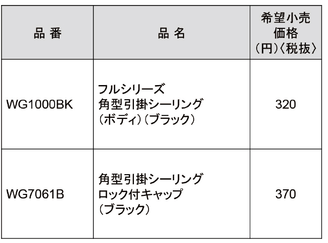 角型引掛シーリング・ロック付キャップ　ブラック色・品番表