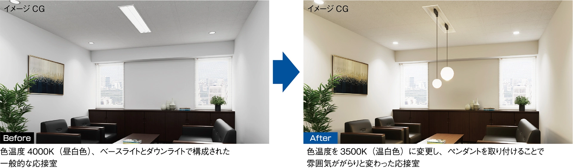 イージーアップ配線ダクト取付前後の応接室のイメージCG