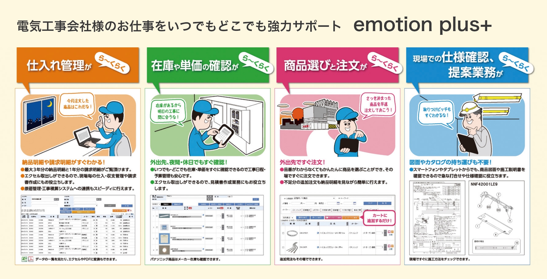 電気工事会社様のお仕事をいつでもどこでも強力サポート　emotion plus+