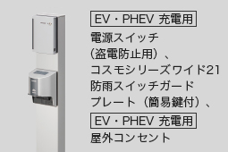 [EV･PHEV充電用]電源スイッチ（盗電防止用）、コスモシリーズワイド21防雨スイッチガードプレート（簡易鍵付）、 [EV･PHEV充電用]屋外コンセント 取付例